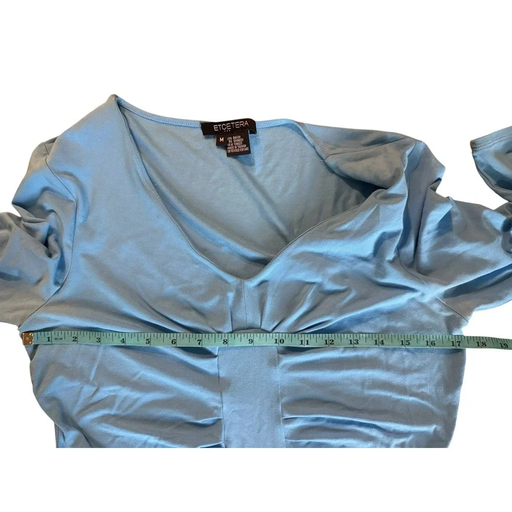 Etcetera Womens M Turquoise Blue Ruched V Neck 3/4 Sleeve Stretch Top